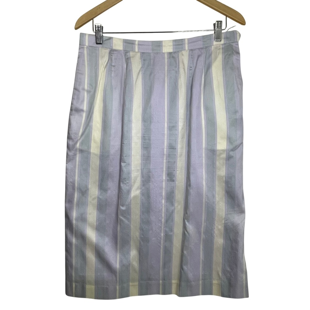 Perrys 100% Thai Silk Striped Midi Skirt Lavender Cream Size 8-10 (Estimated)